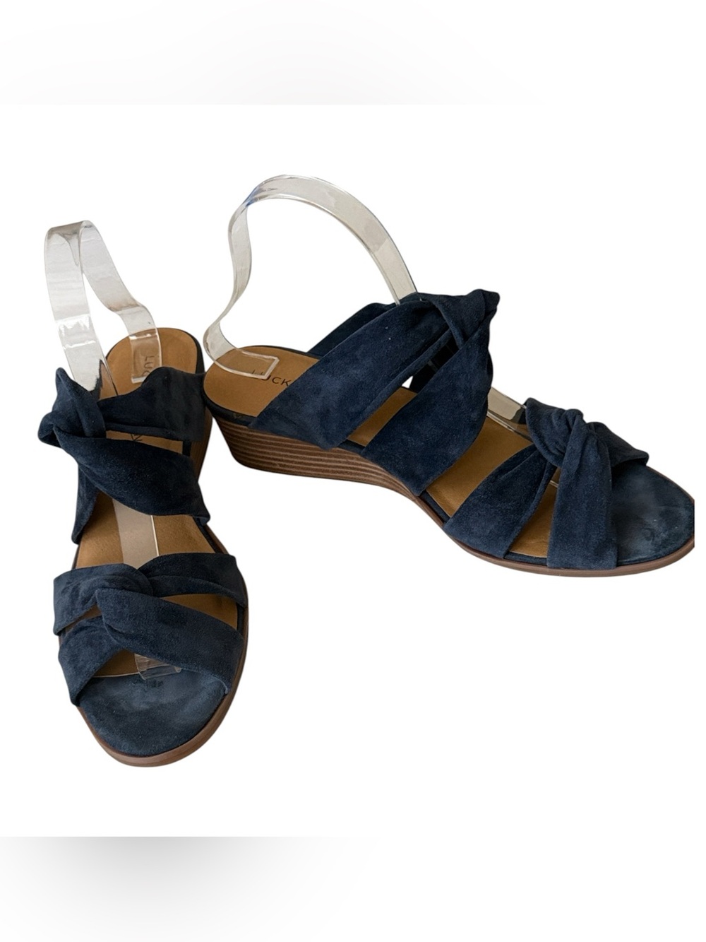 Lucky Brand blue suede wedge sandals featuring a stylish knot detail, size 10